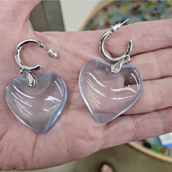 Earrings Clear Lt blue Dangle Hearts - Picture 3 of 7